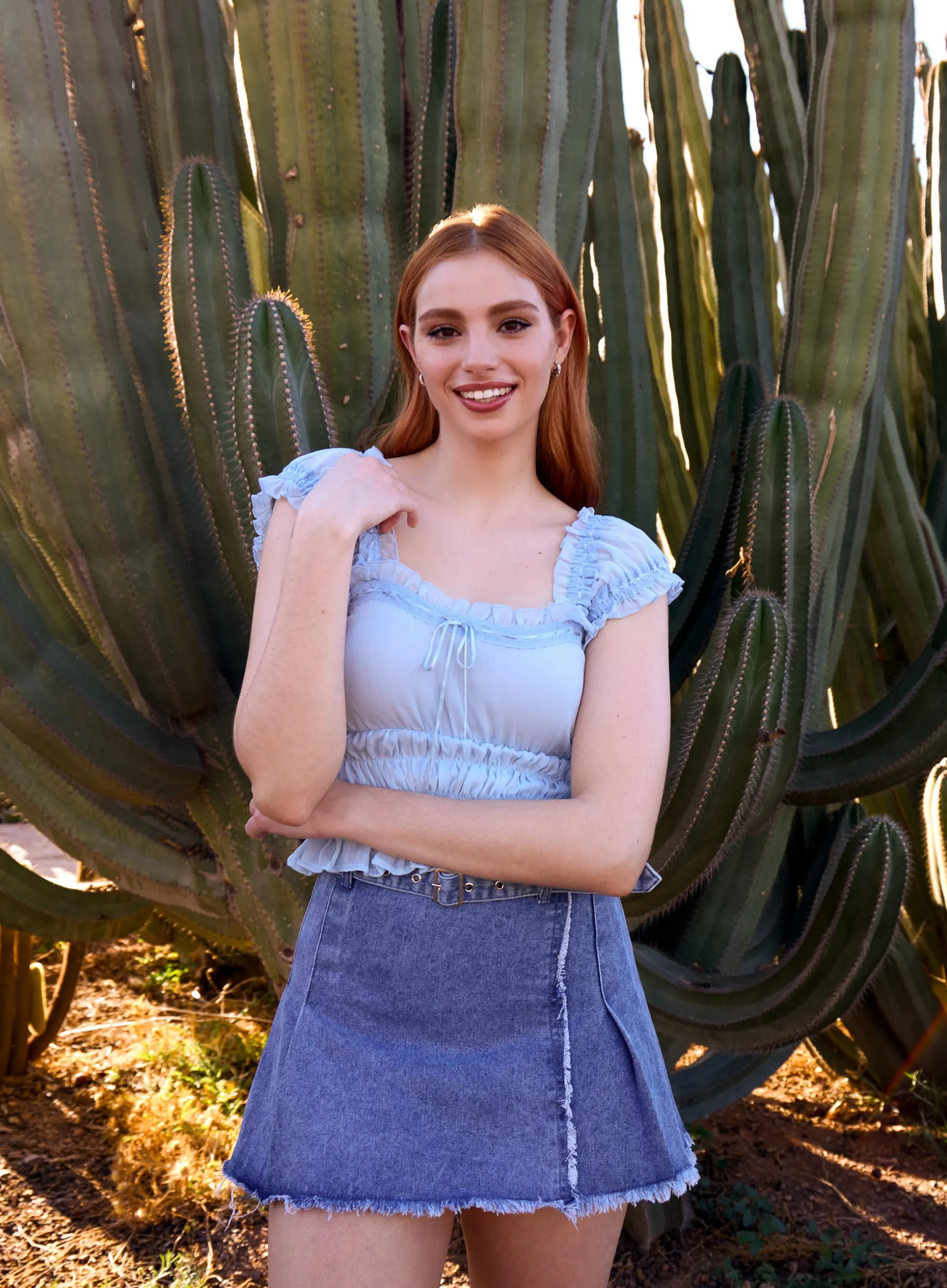 Belt Denim Pleated Mini Skirt