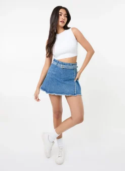 Belt Denim Pleated Mini Skirt