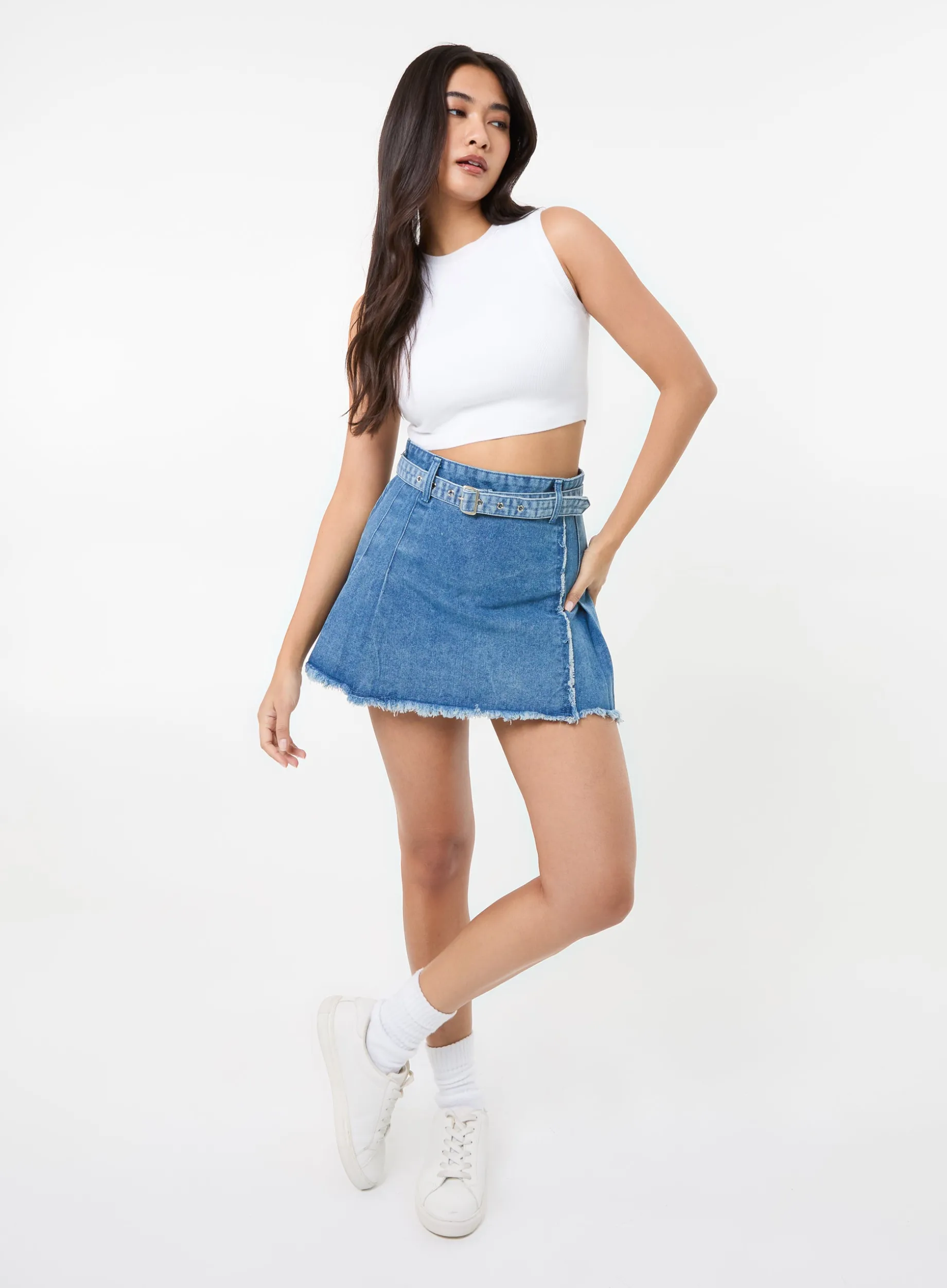 Belt Denim Pleated Mini Skirt