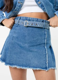 Belt Denim Pleated Mini Skirt