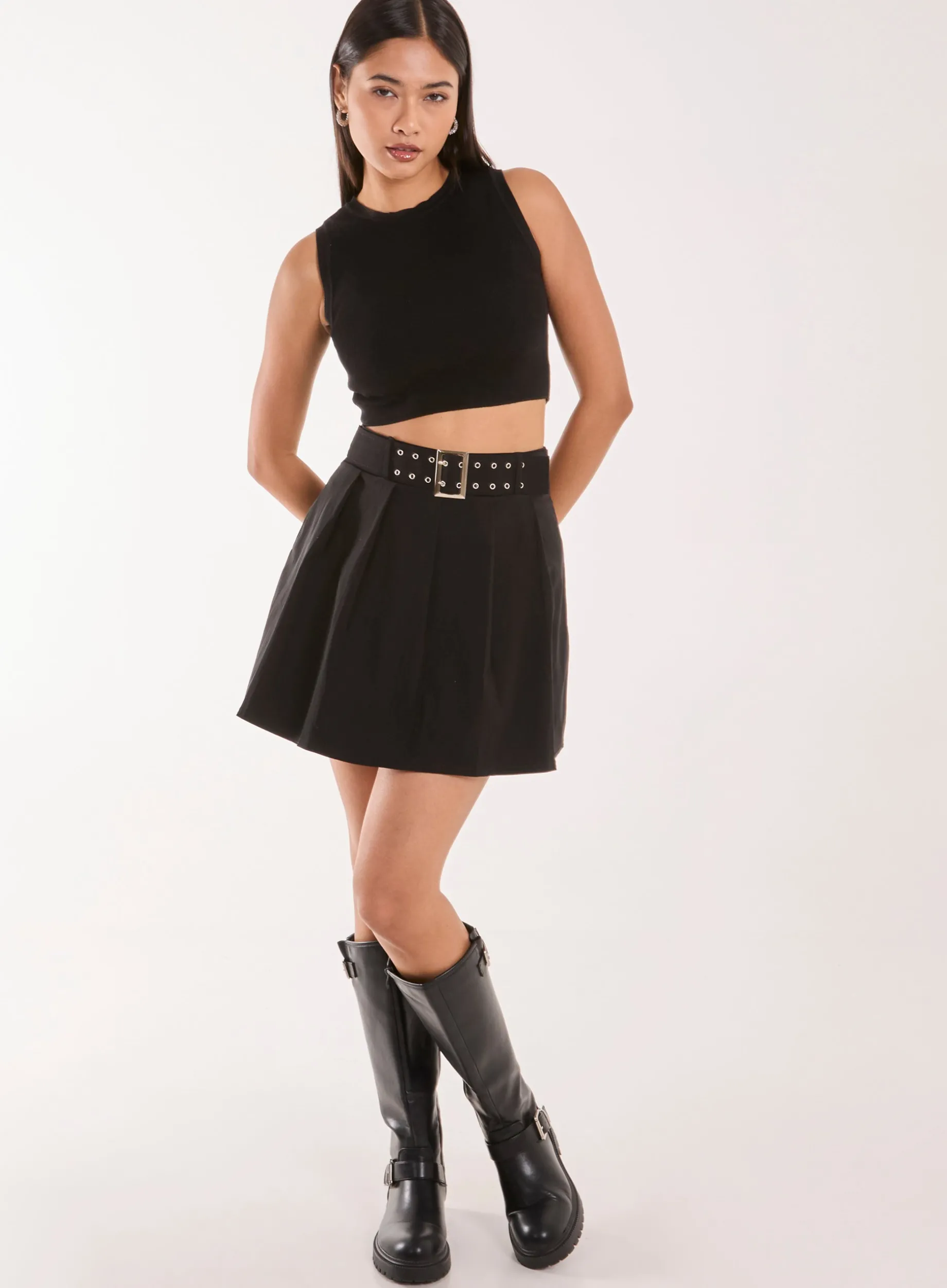 Belted Pleated Mini Skirt