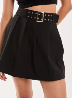 Belted Pleated Mini Skirt