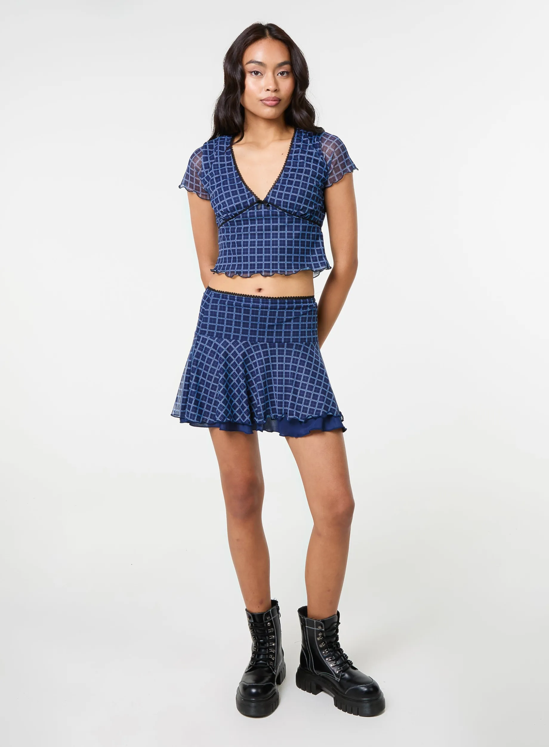 Check Cap Sleeve Crop Top