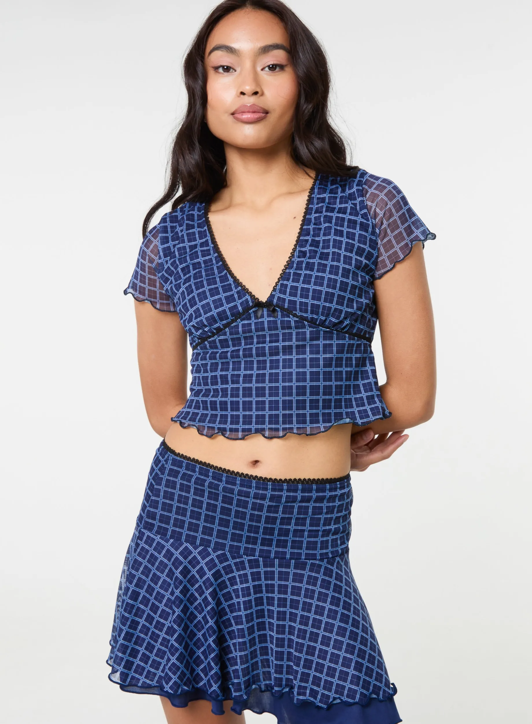 Check Cap Sleeve Crop Top