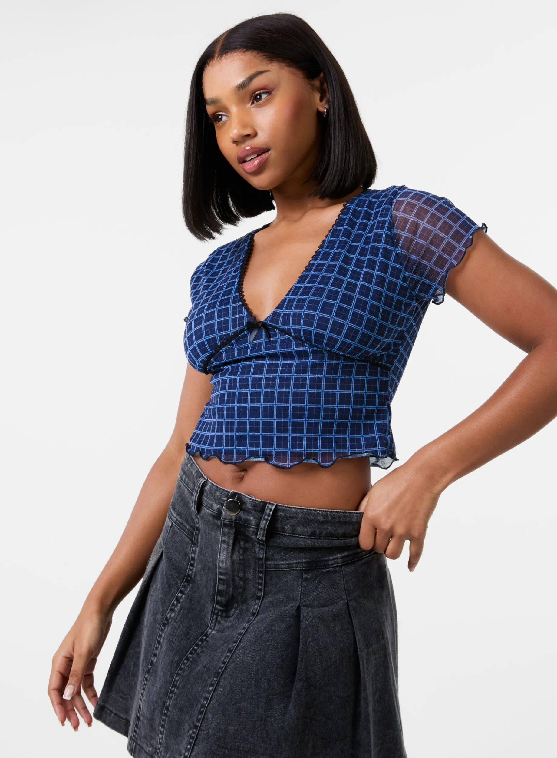 Check Cap Sleeve Crop Top