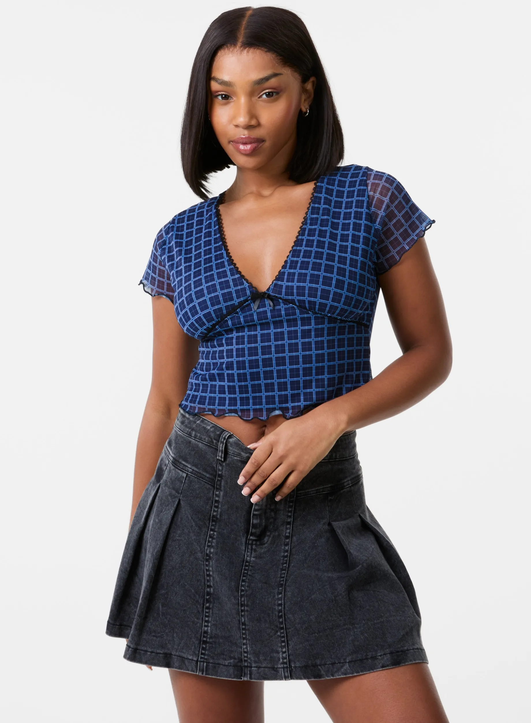 Check Cap Sleeve Crop Top
