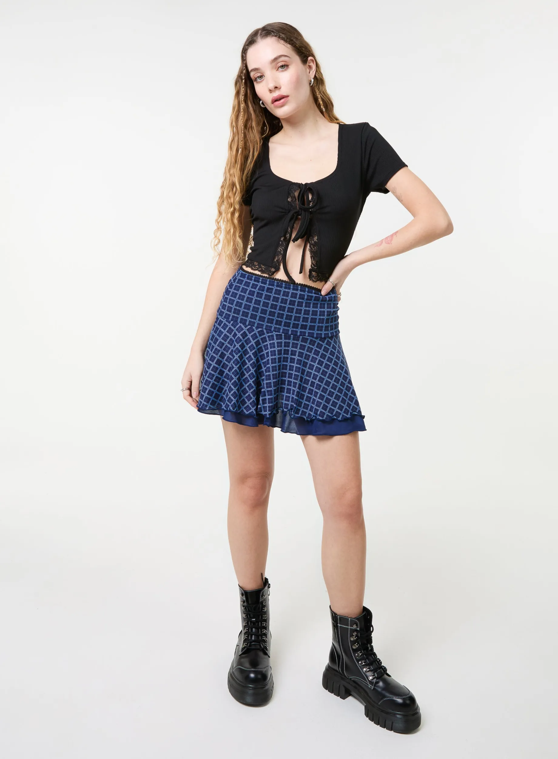 Check Ruffle Mini Skirt