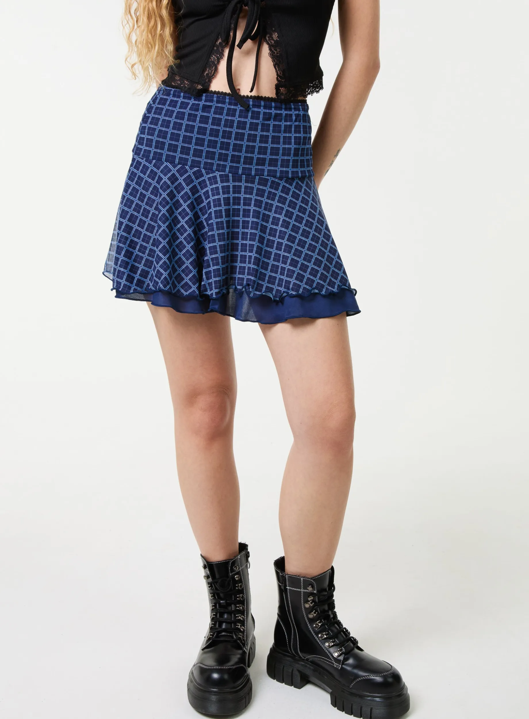 Check Ruffle Mini Skirt