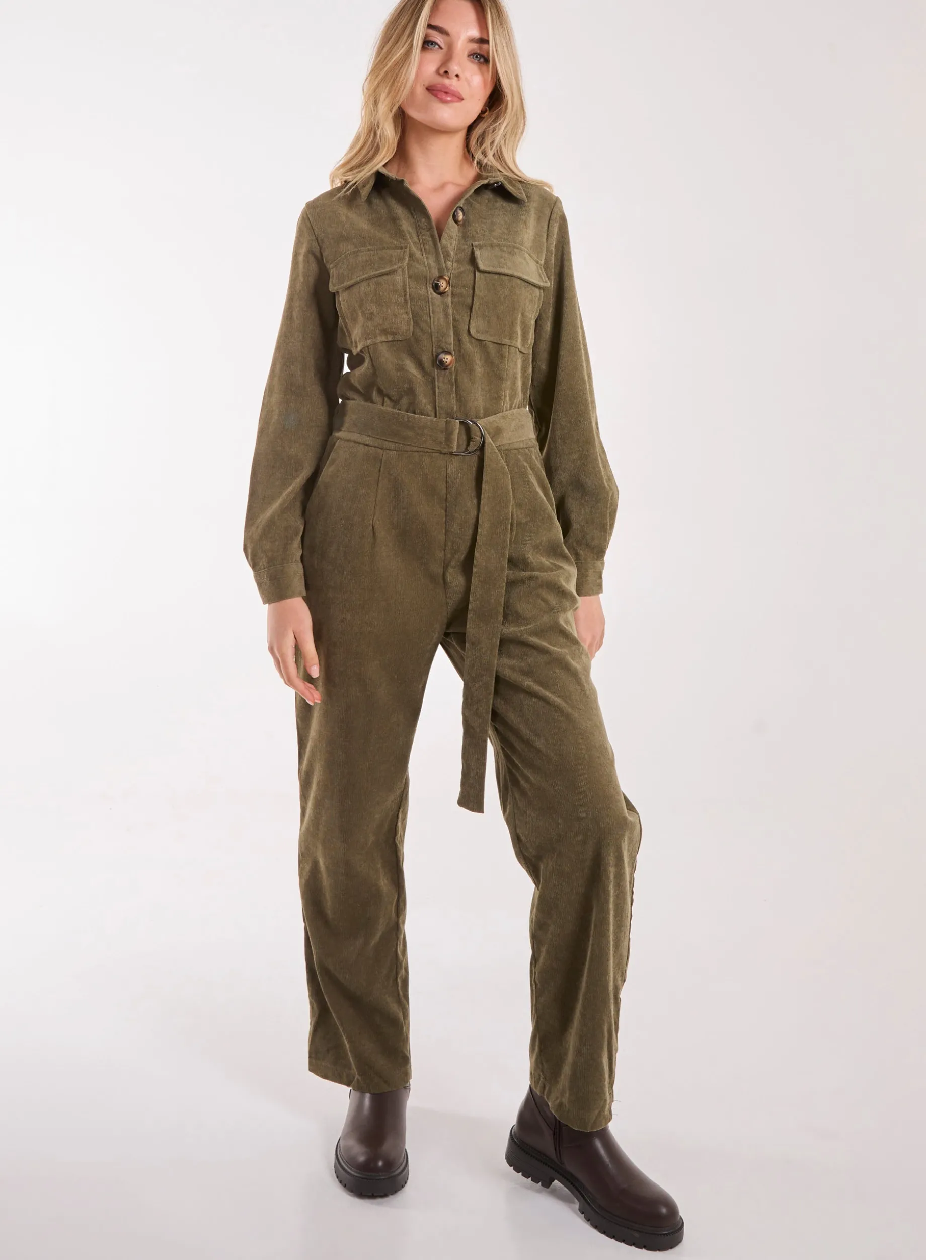Corduroy Collar Long Sleeve Button Boilersuit