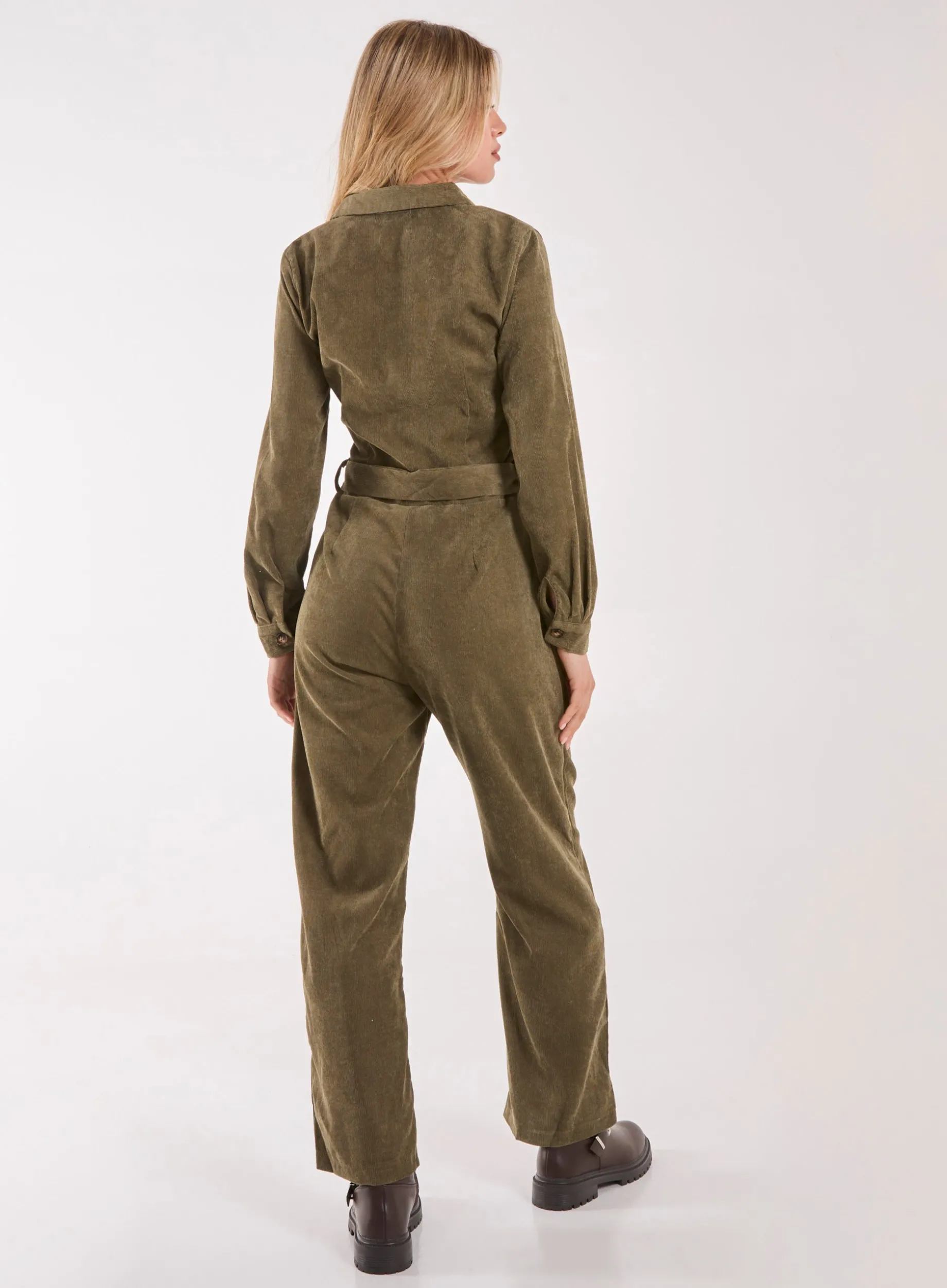 Corduroy Collar Long Sleeve Button Boilersuit