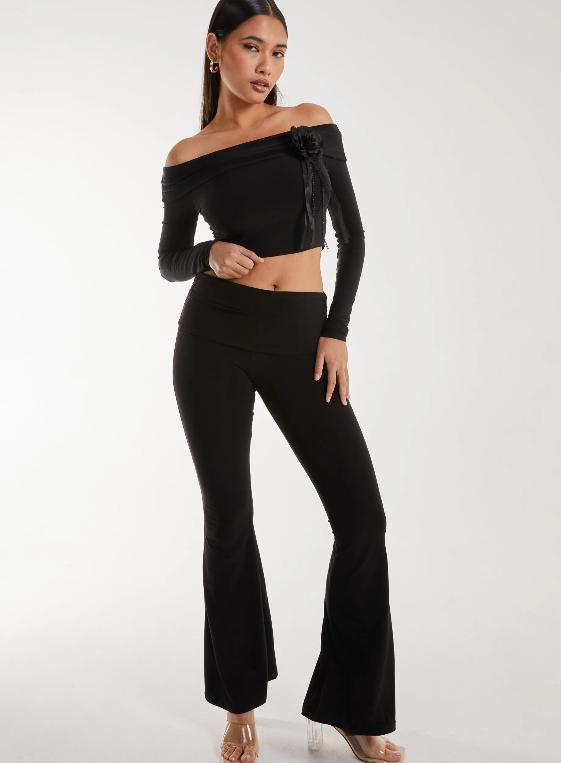 Corsage Detail Bardot Long Sleeve Top