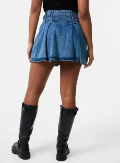 Denim Double Belt Pleat Mini Skirt