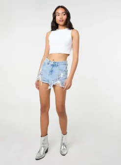 Denim Embellished Distressed Shorts