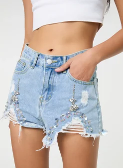 Denim Embellished Distressed Shorts