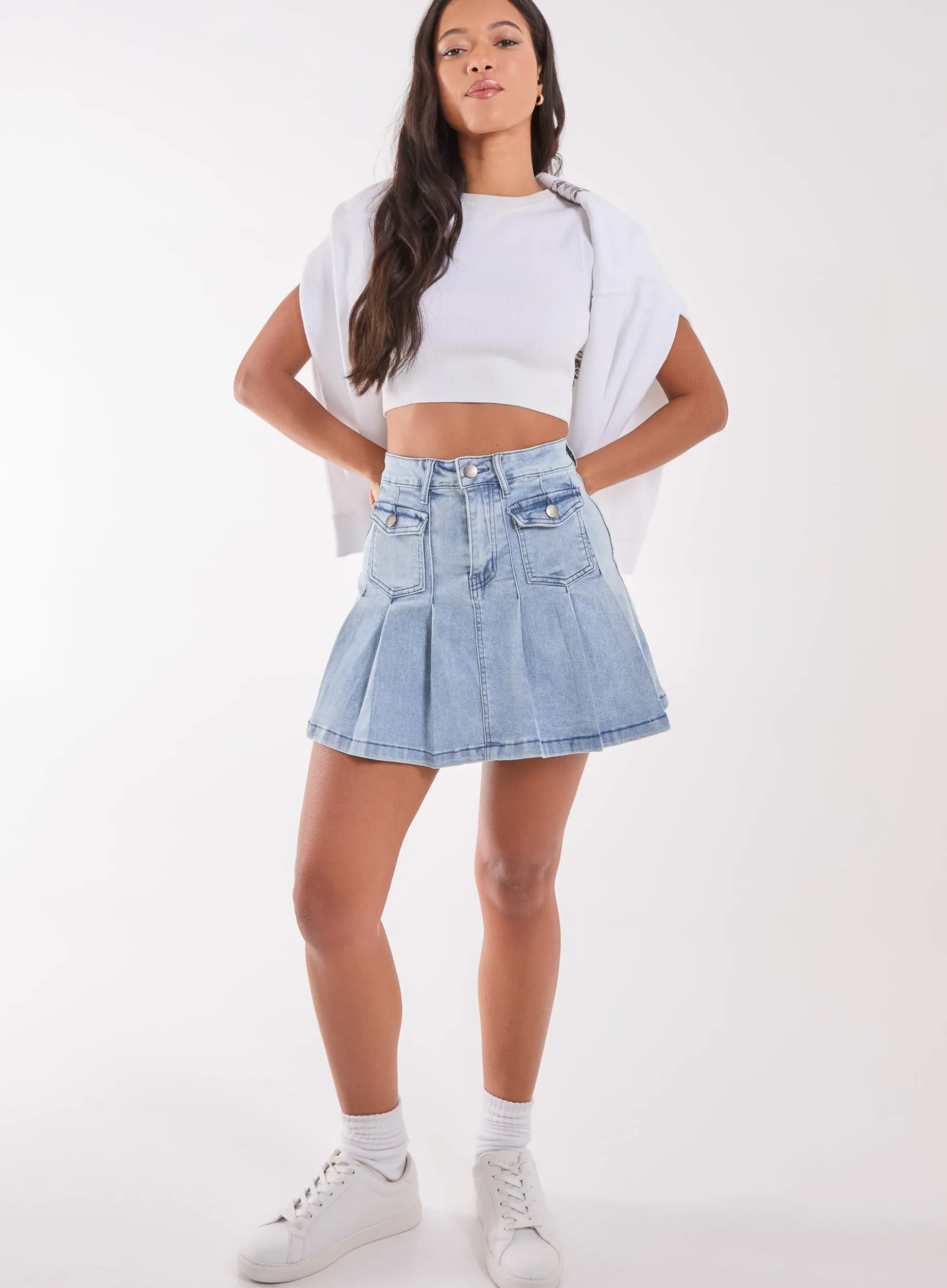 Denim Pleated Mini Skirt
