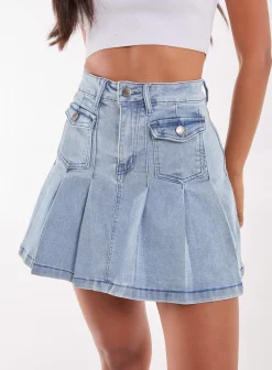 Denim Pleated Mini Skirt
