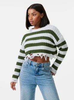 Distressed Striped Crop Knit Jumper