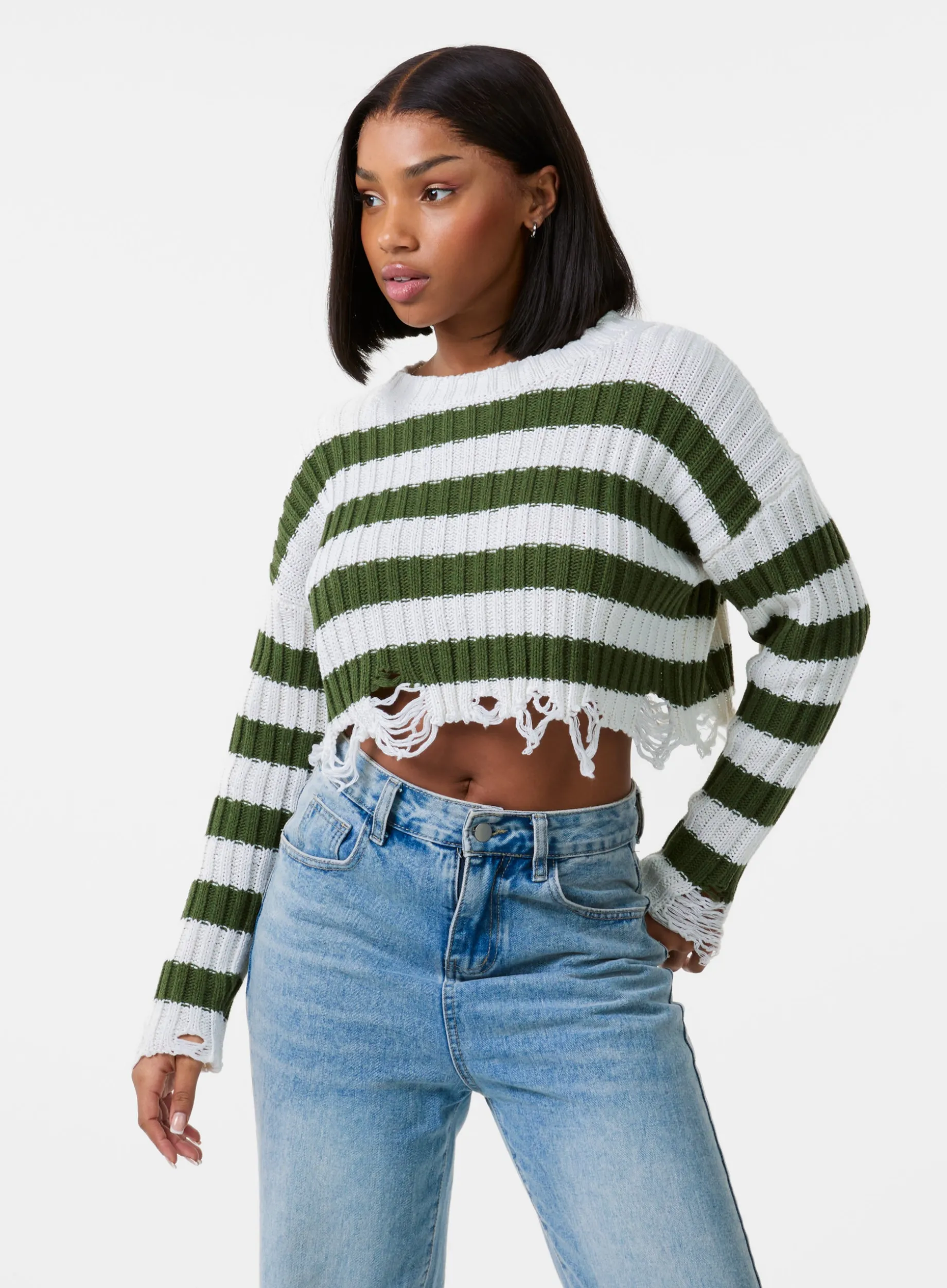 Distressed Striped Crop Knit Jumper