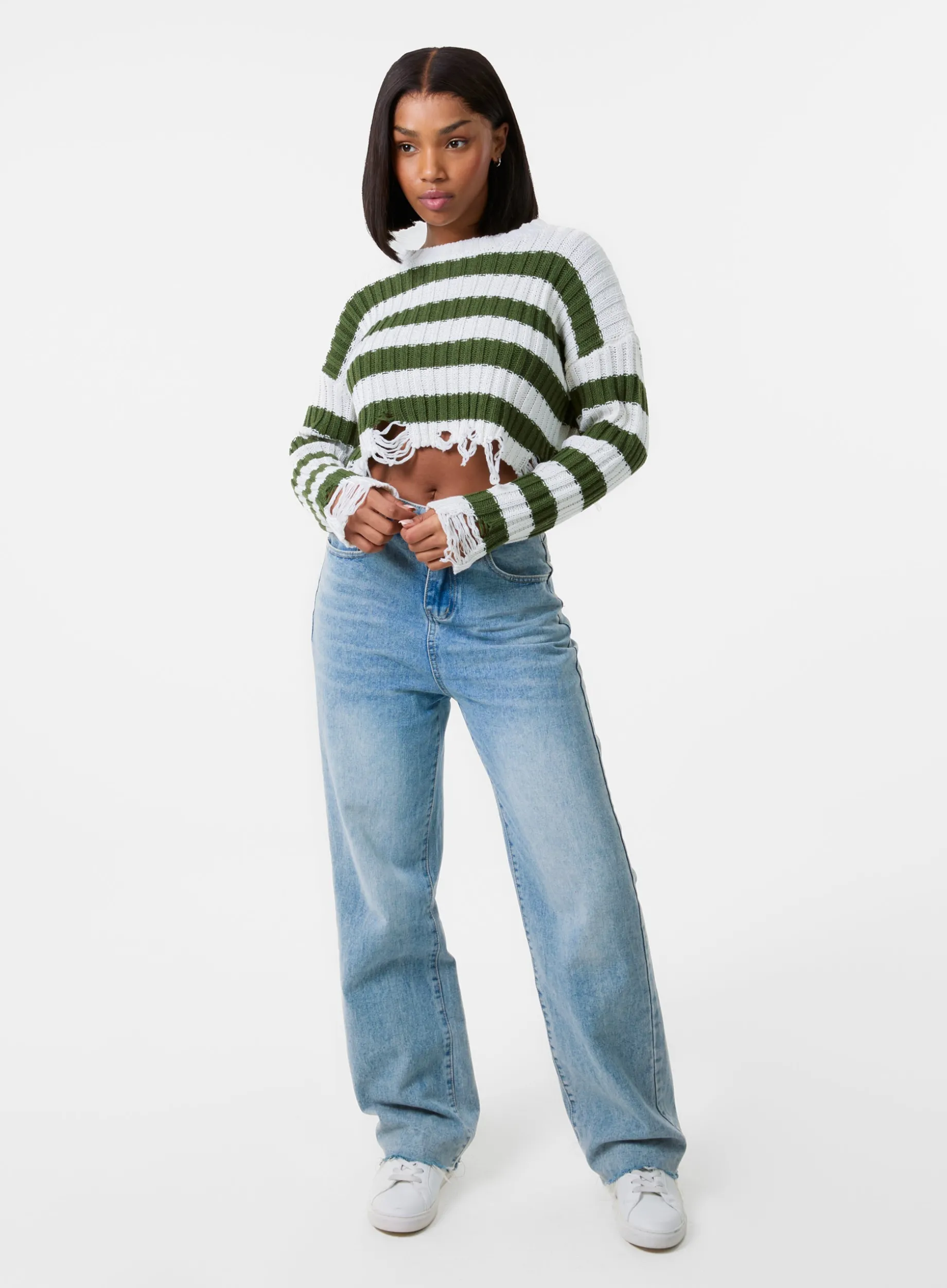 Distressed Striped Crop Knit Jumper