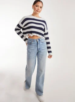 Distressed Striped Crop Knit Jumper