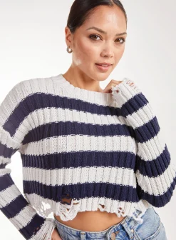 Distressed Striped Crop Knit Jumper