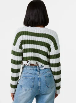 Distressed Striped Crop Knit Jumper