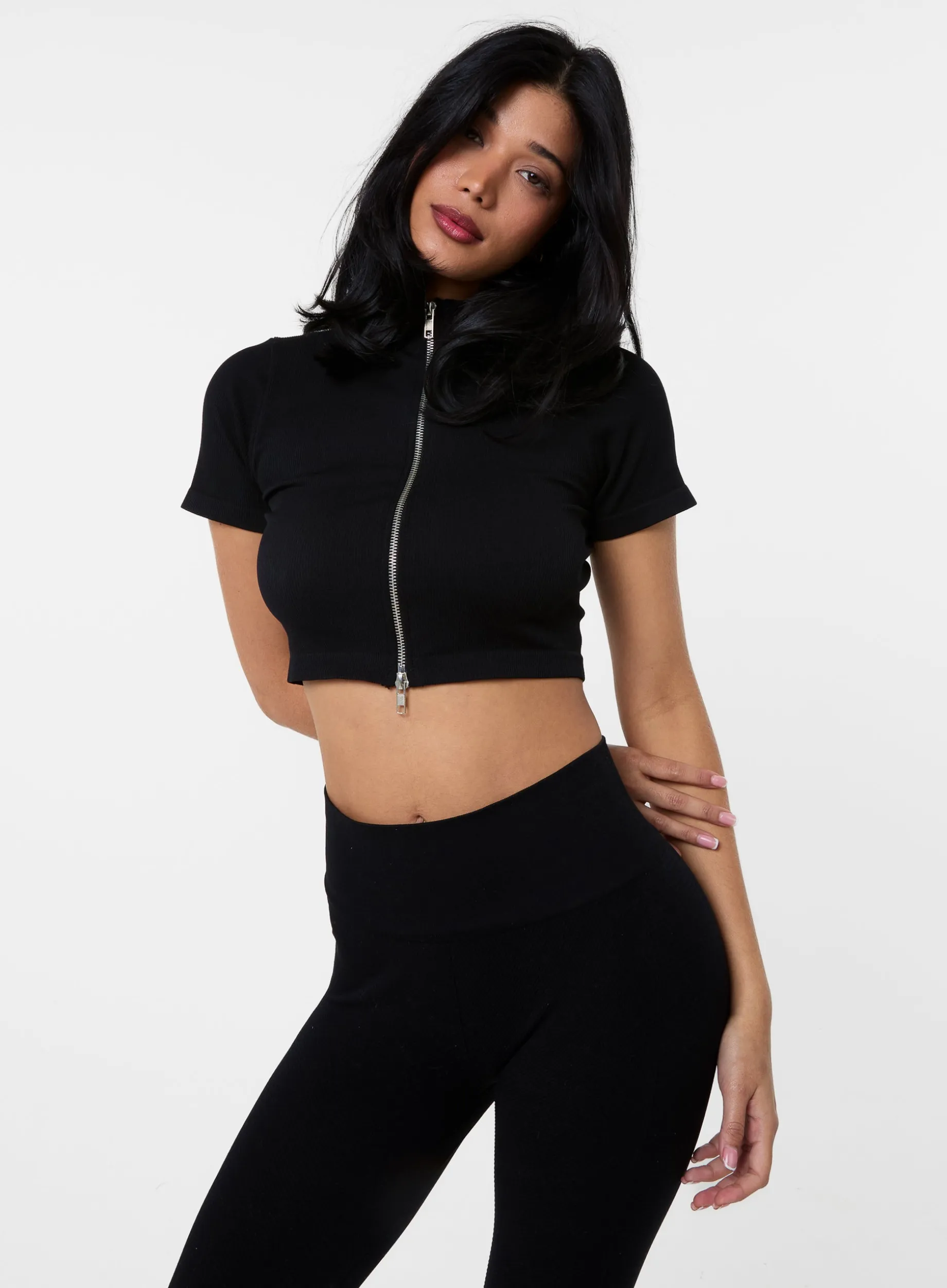 Double Zip Short Sleeve Rib Top