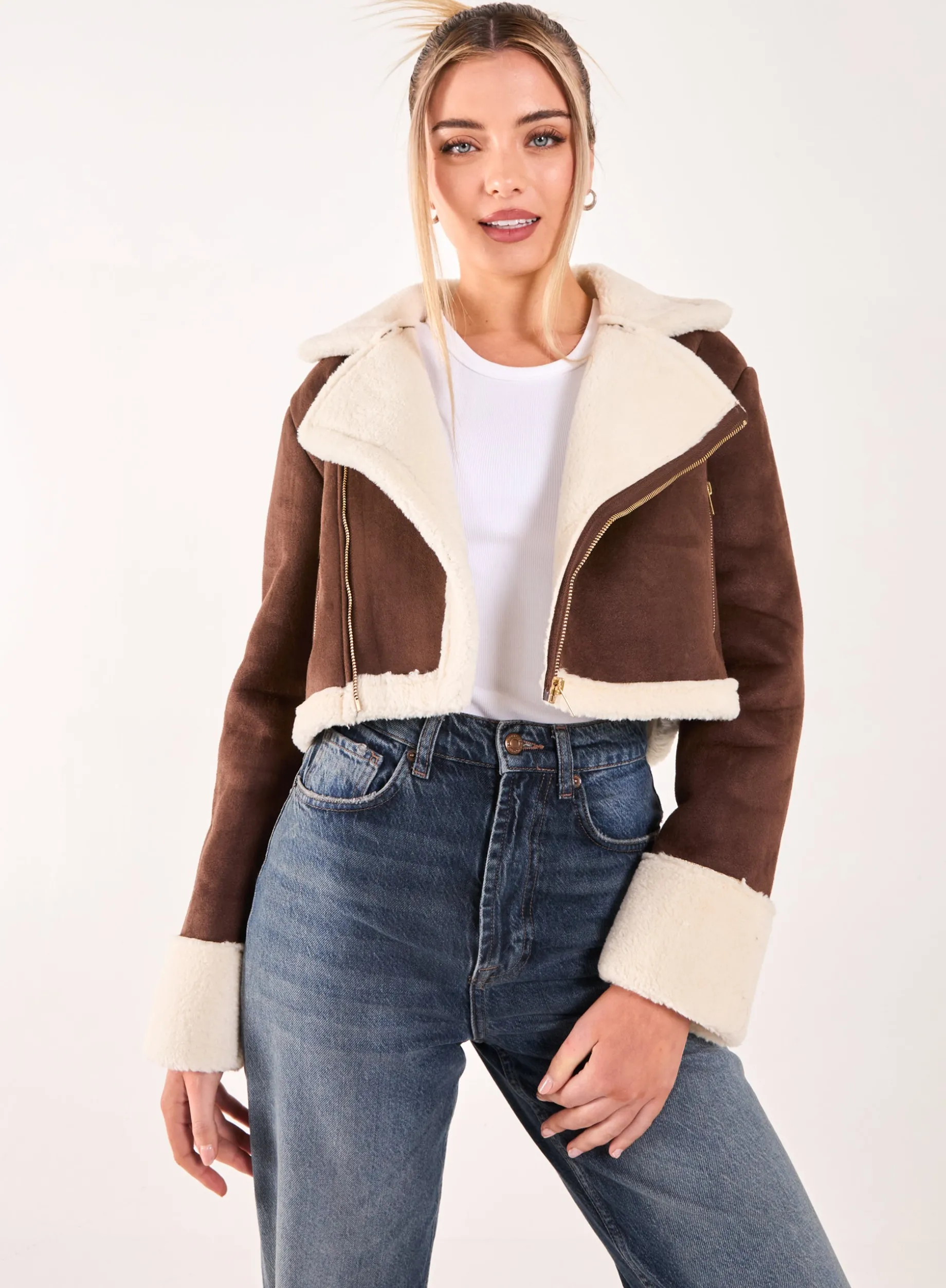 Faux Shearling Collar Cropped Jacket