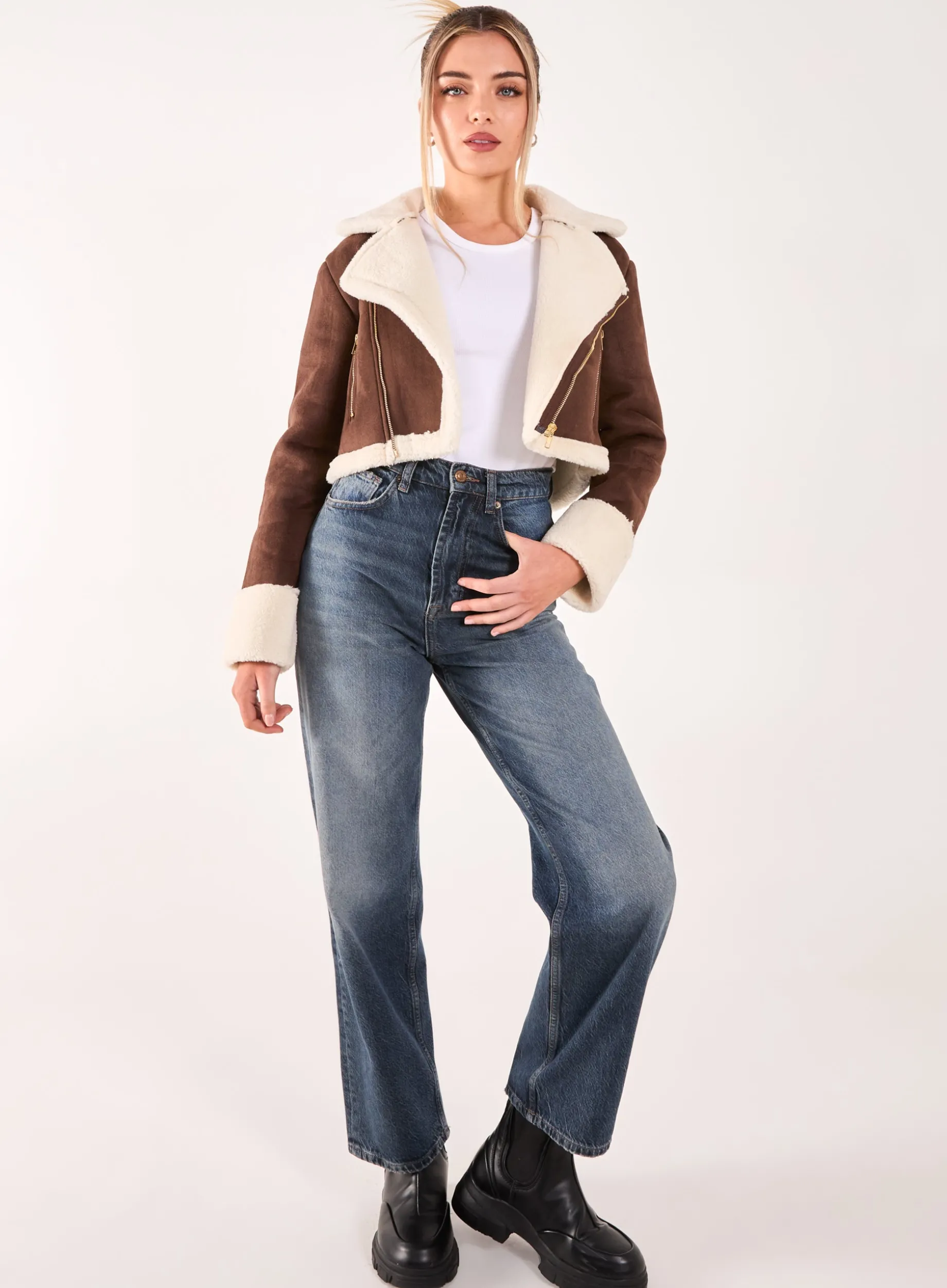Faux Shearling Collar Cropped Jacket
