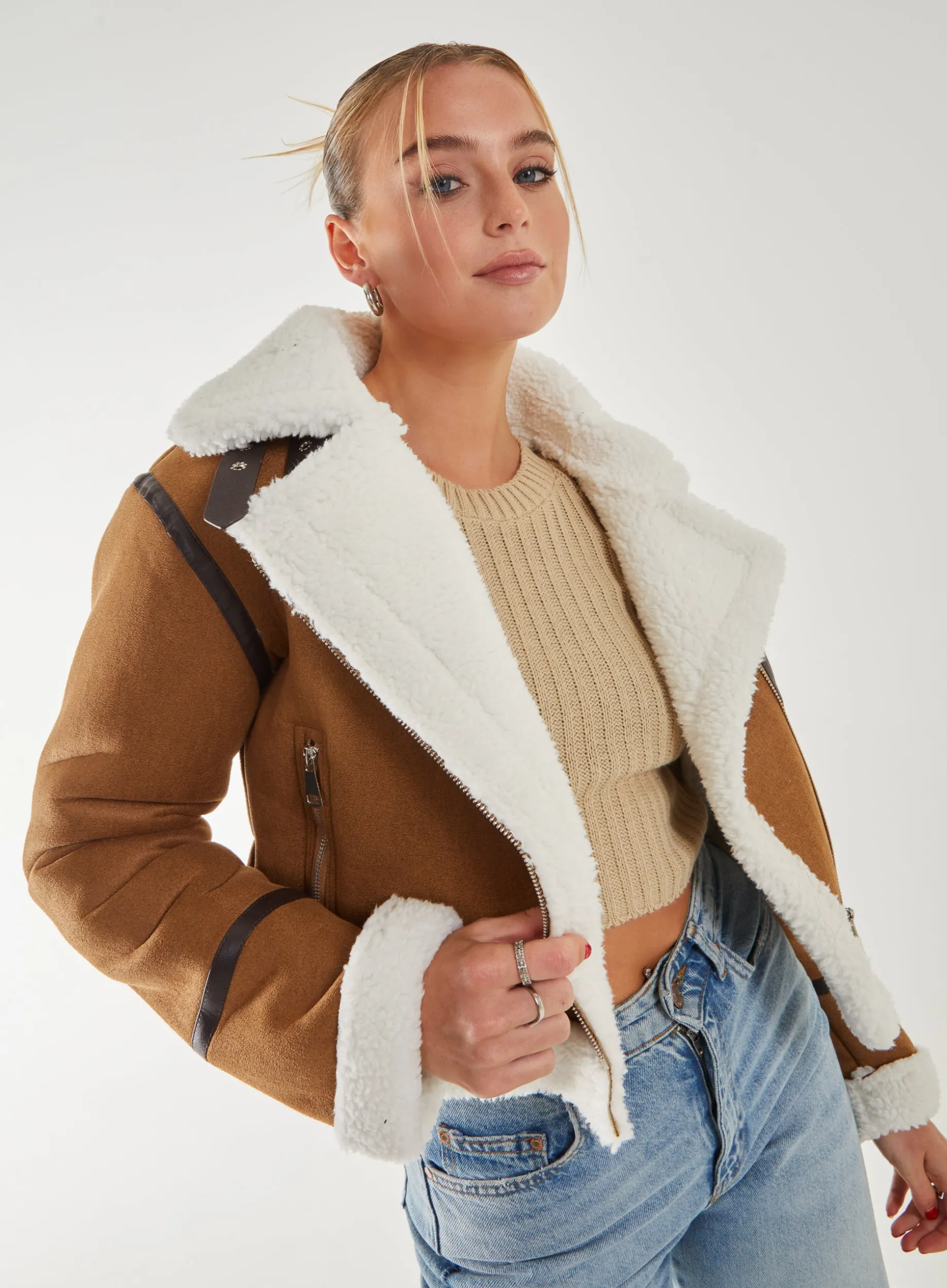 Faux Shearling Collar Zip Jacket
