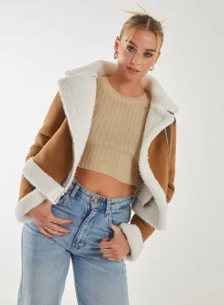 Faux Shearling Collar Zip Jacket