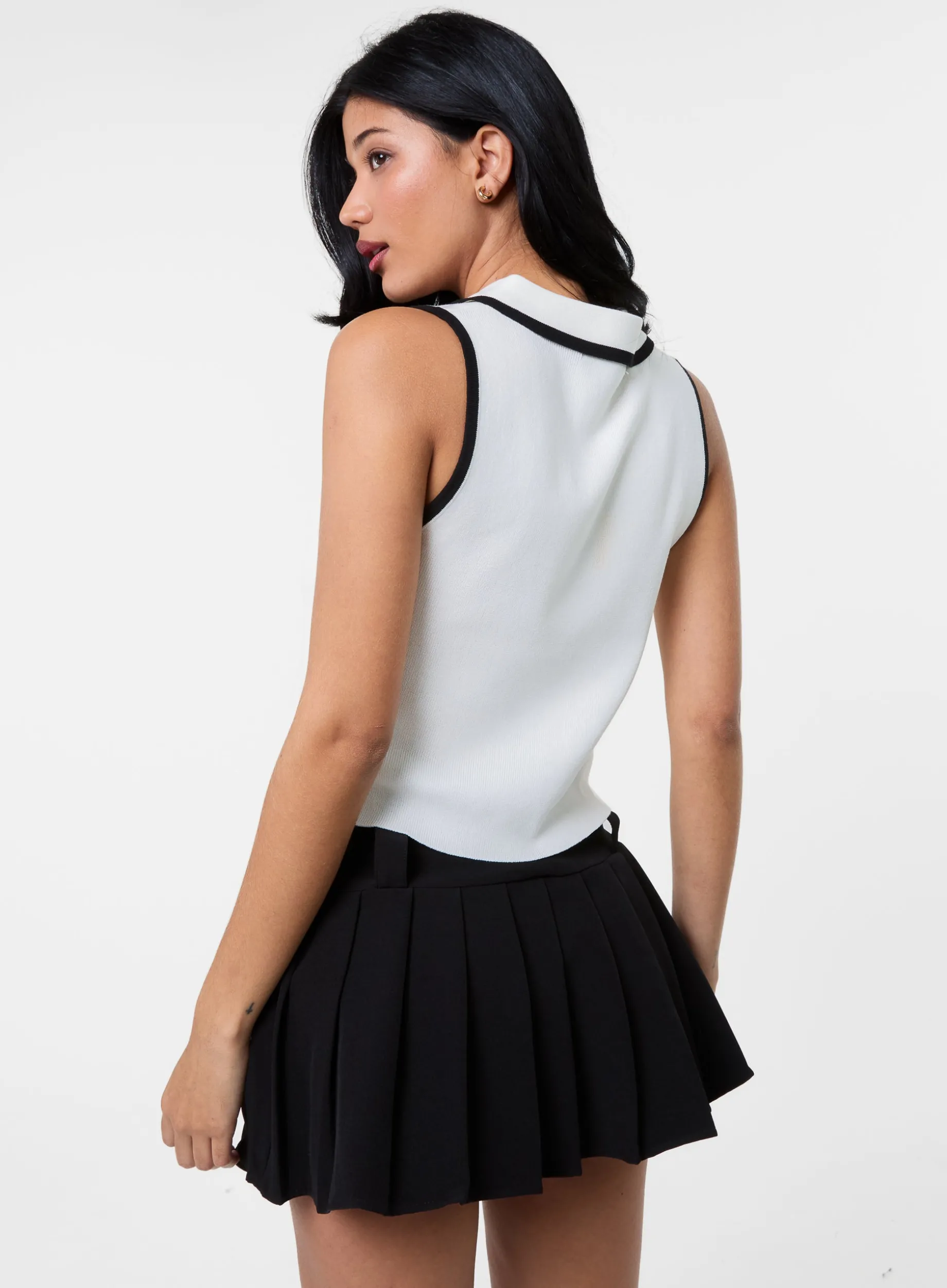 Half Zip Crop Polo Top With Contrast Piping