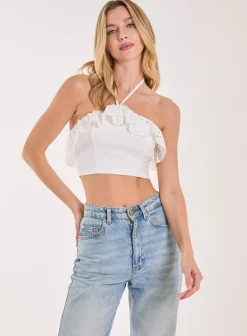 Halter Neck Broderie Frill Hem Crop Top