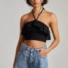 Halter Neck Broderie Frill Hem Crop Top