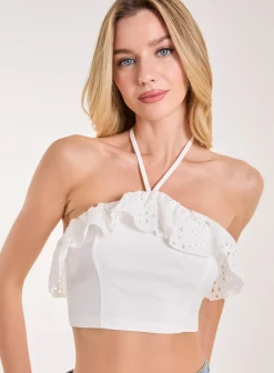 Halter Neck Broderie Frill Hem Crop Top