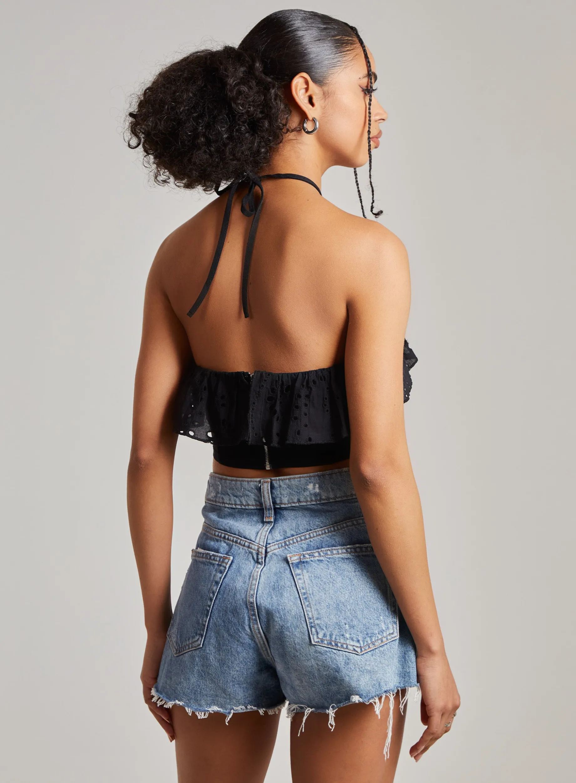 Halter Neck Broderie Frill Hem Crop Top