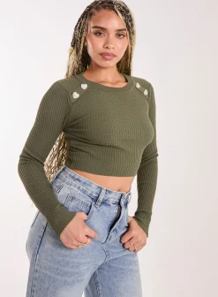 Heart Embellishment Rib Knit Top