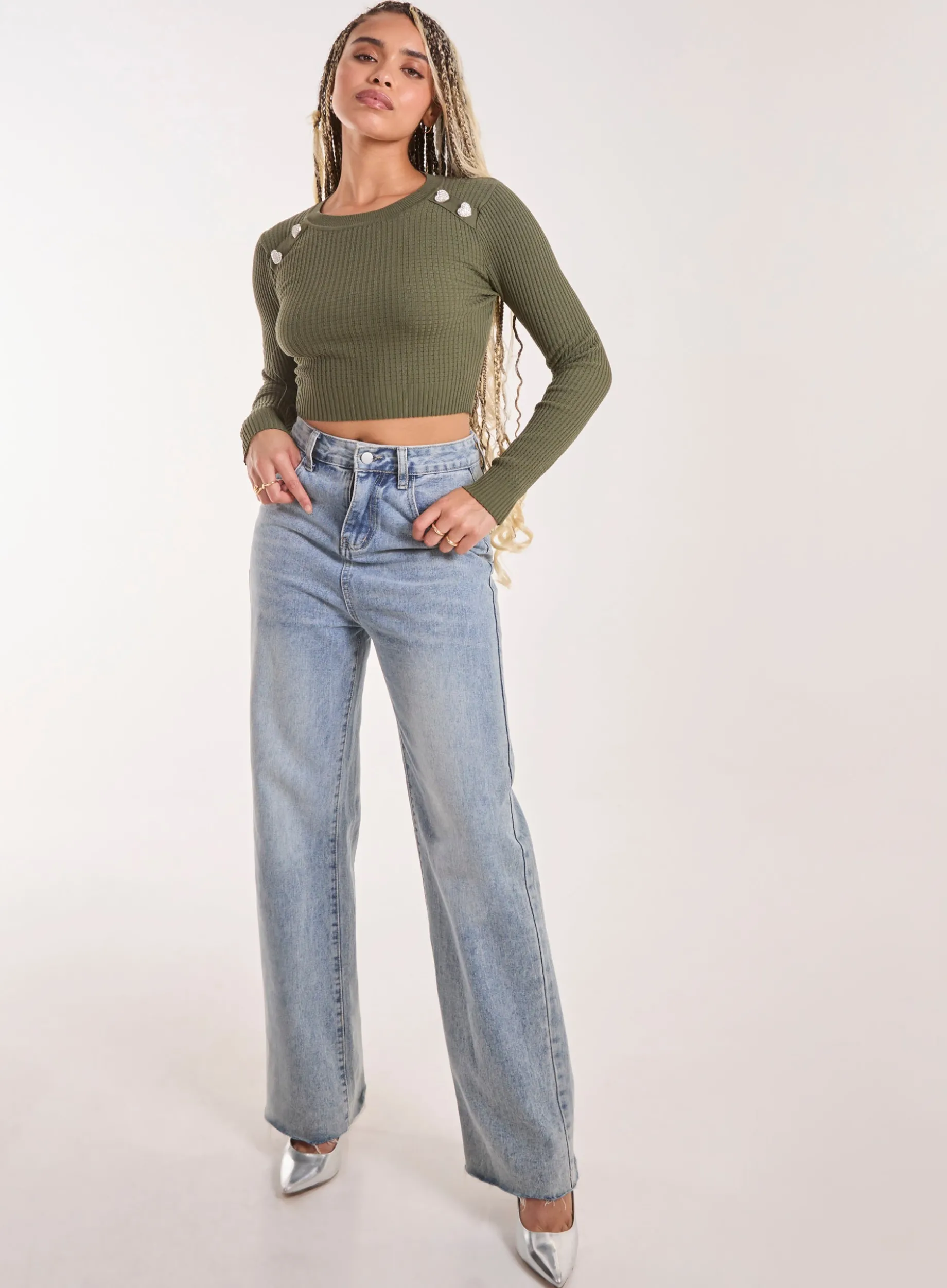 Heart Embellishment Rib Knit Top