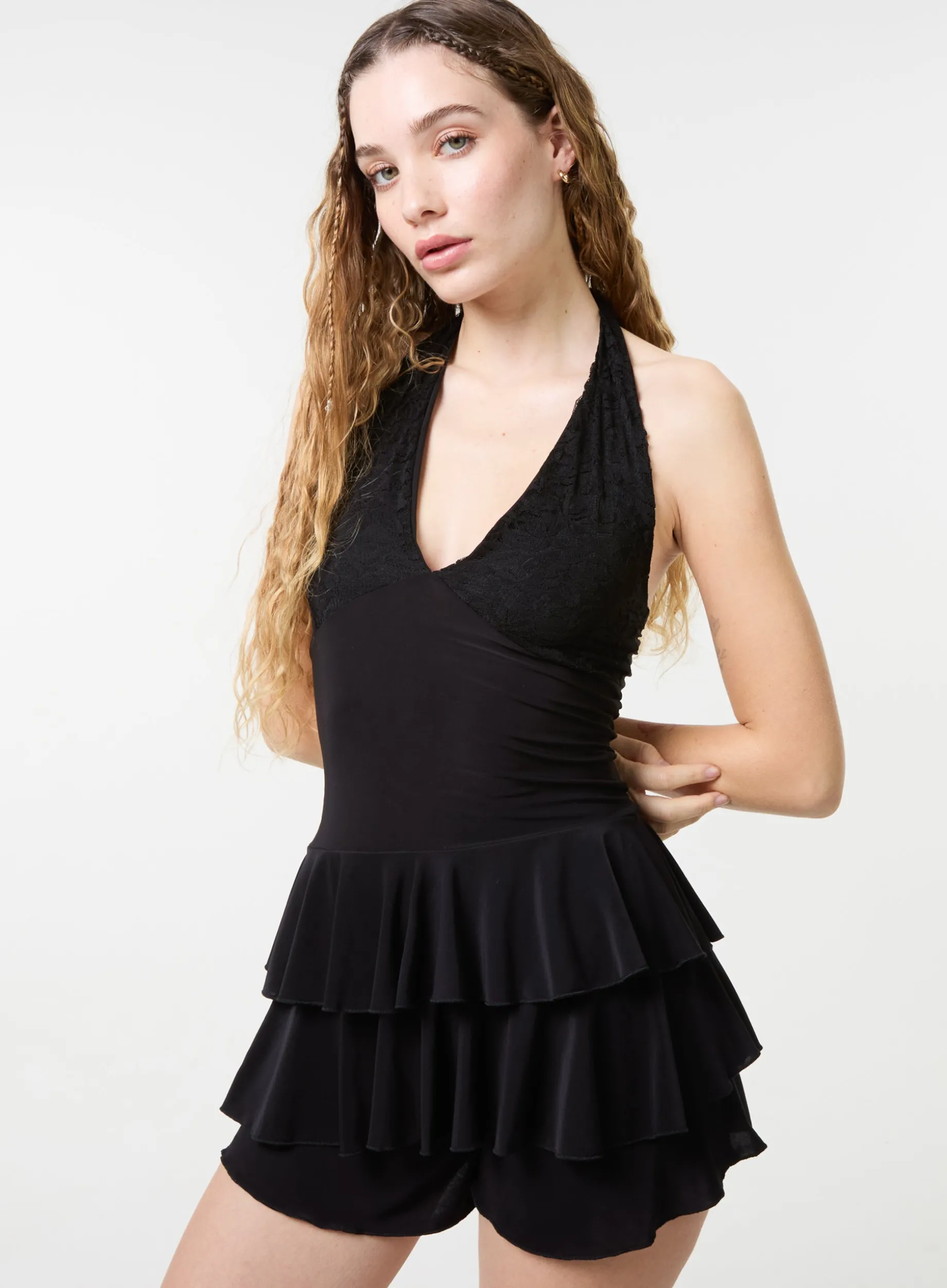 Lace Halter Neck Ruffle Playsuit