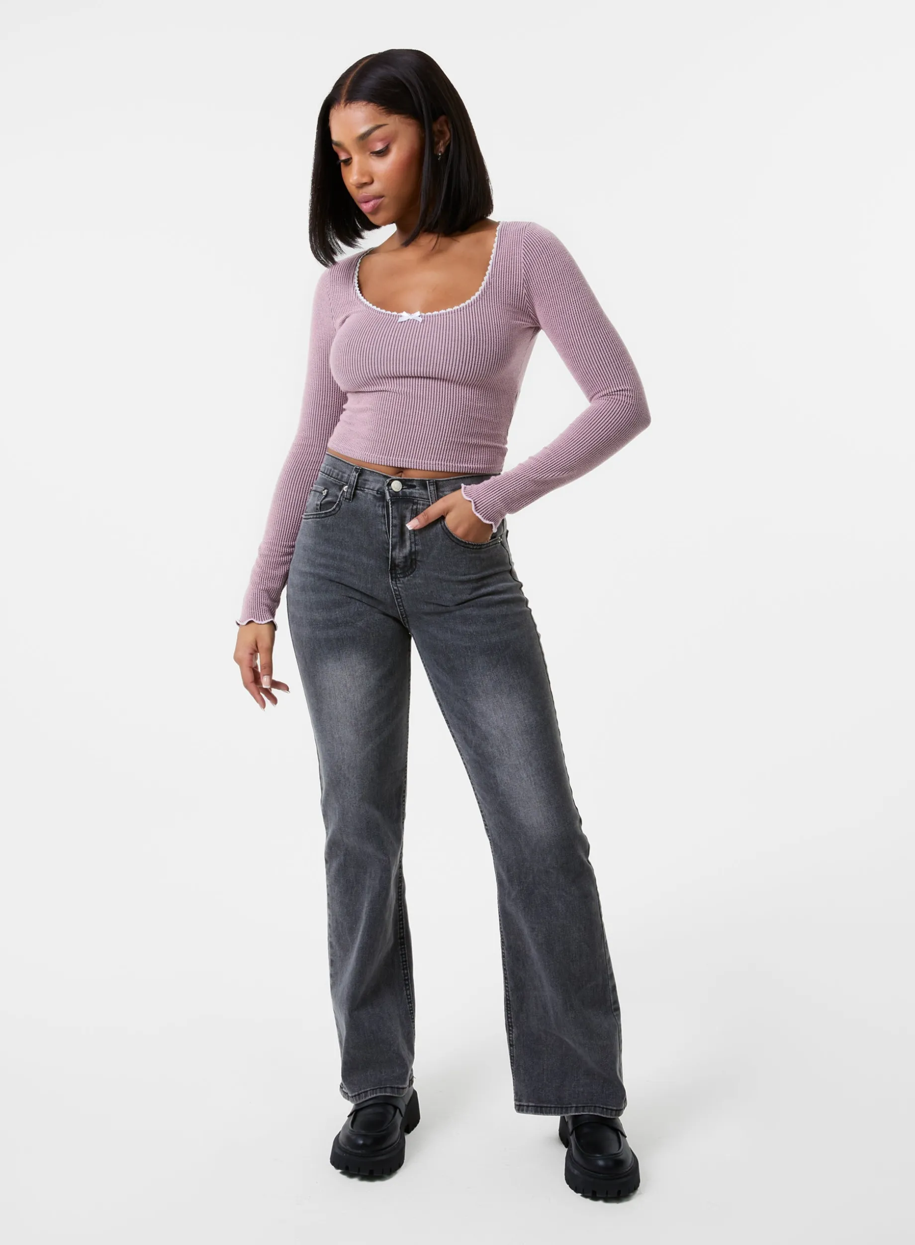 Long Sleeve Rib Top with Bow