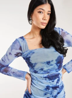 Long Sleeve Tie Dye Mesh Mini Dress