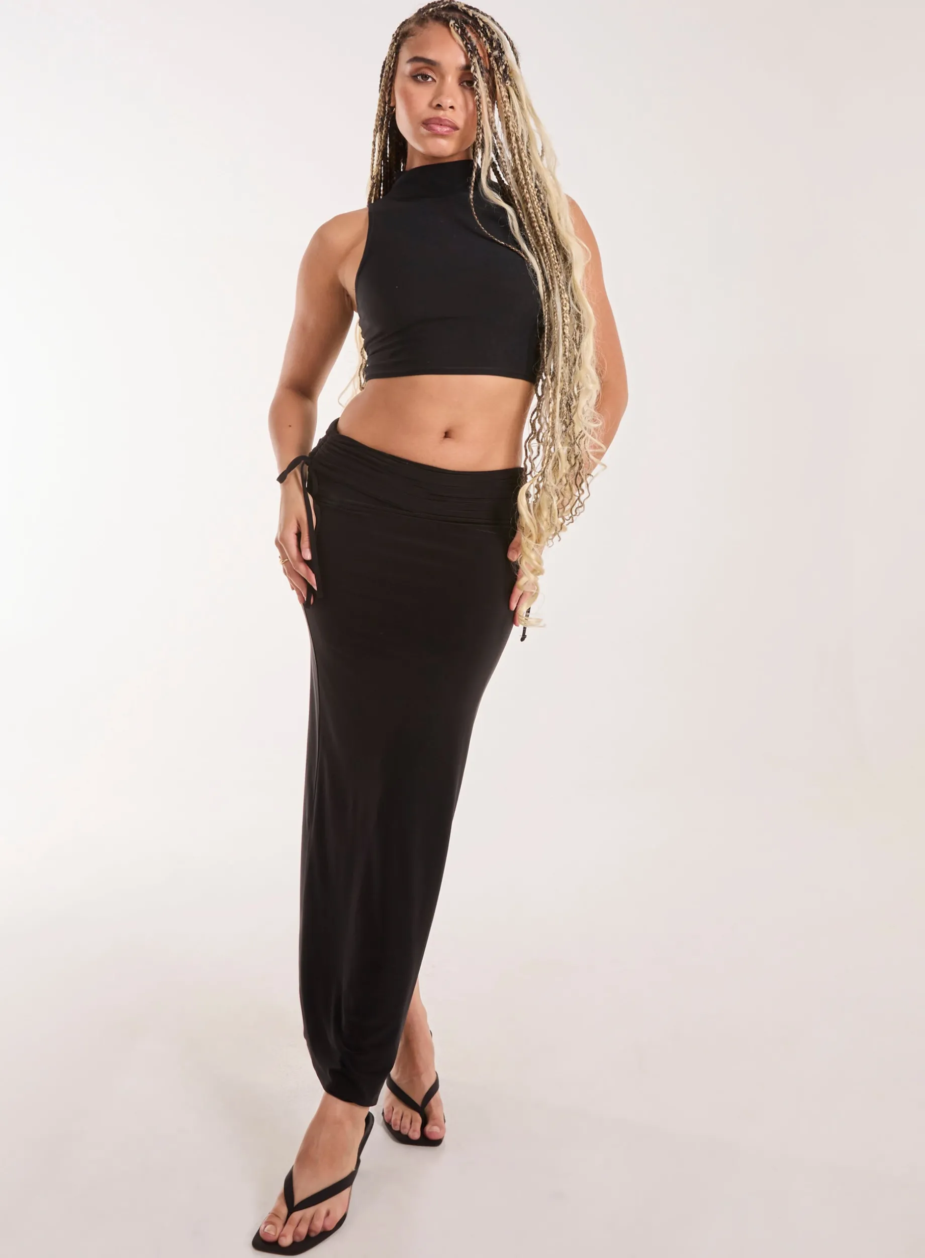 Low Rise Fold Over Slinky Maxi Skirt