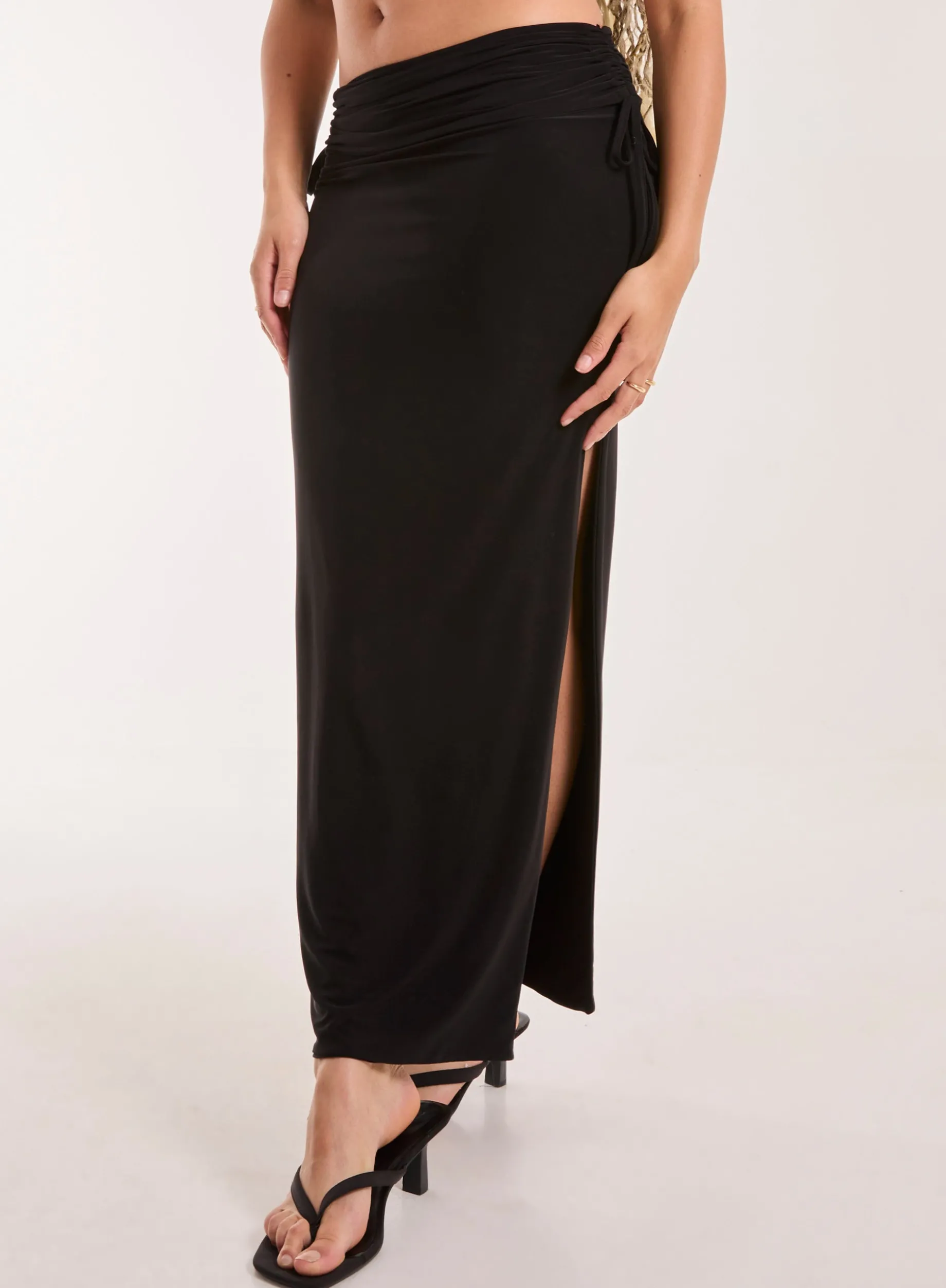 Low Rise Fold Over Slinky Maxi Skirt