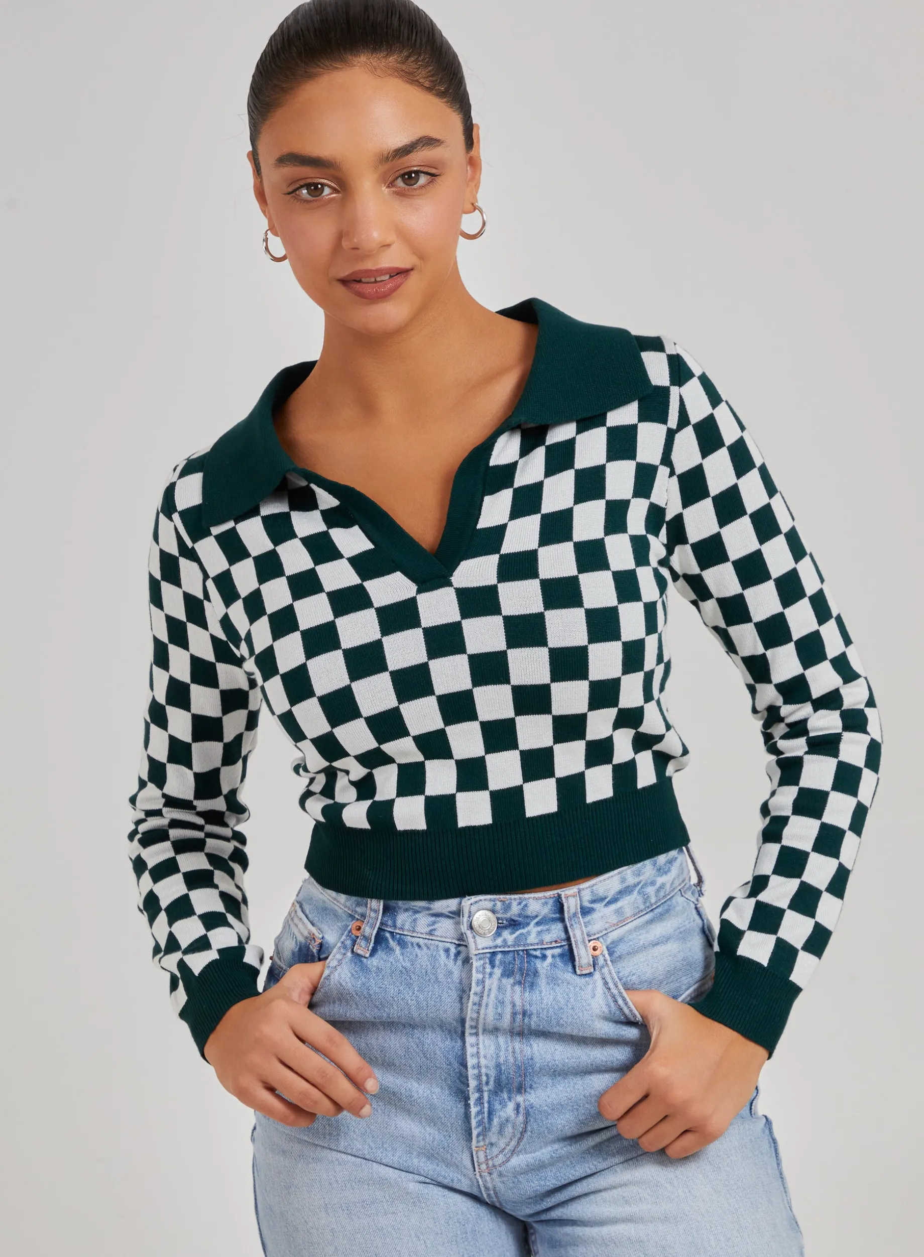 Notch Collar Checkered Top