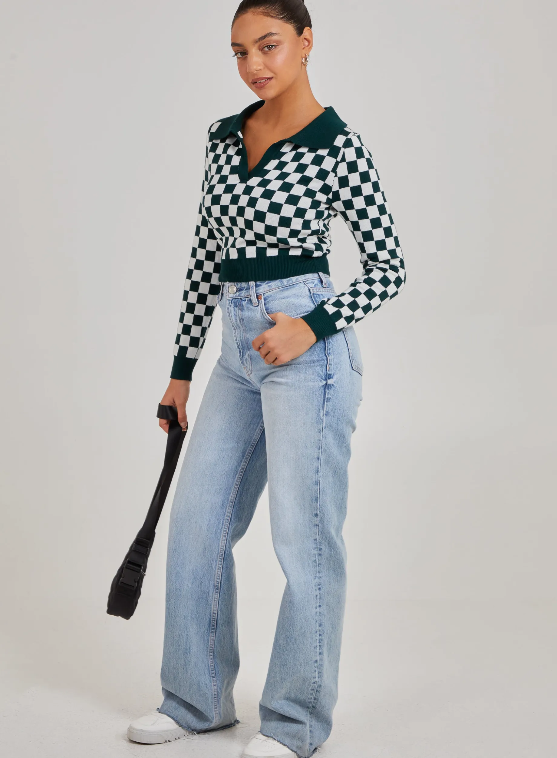 Notch Collar Checkered Top