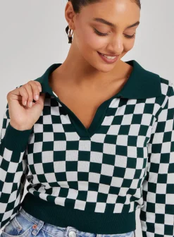 Notch Collar Checkered Top