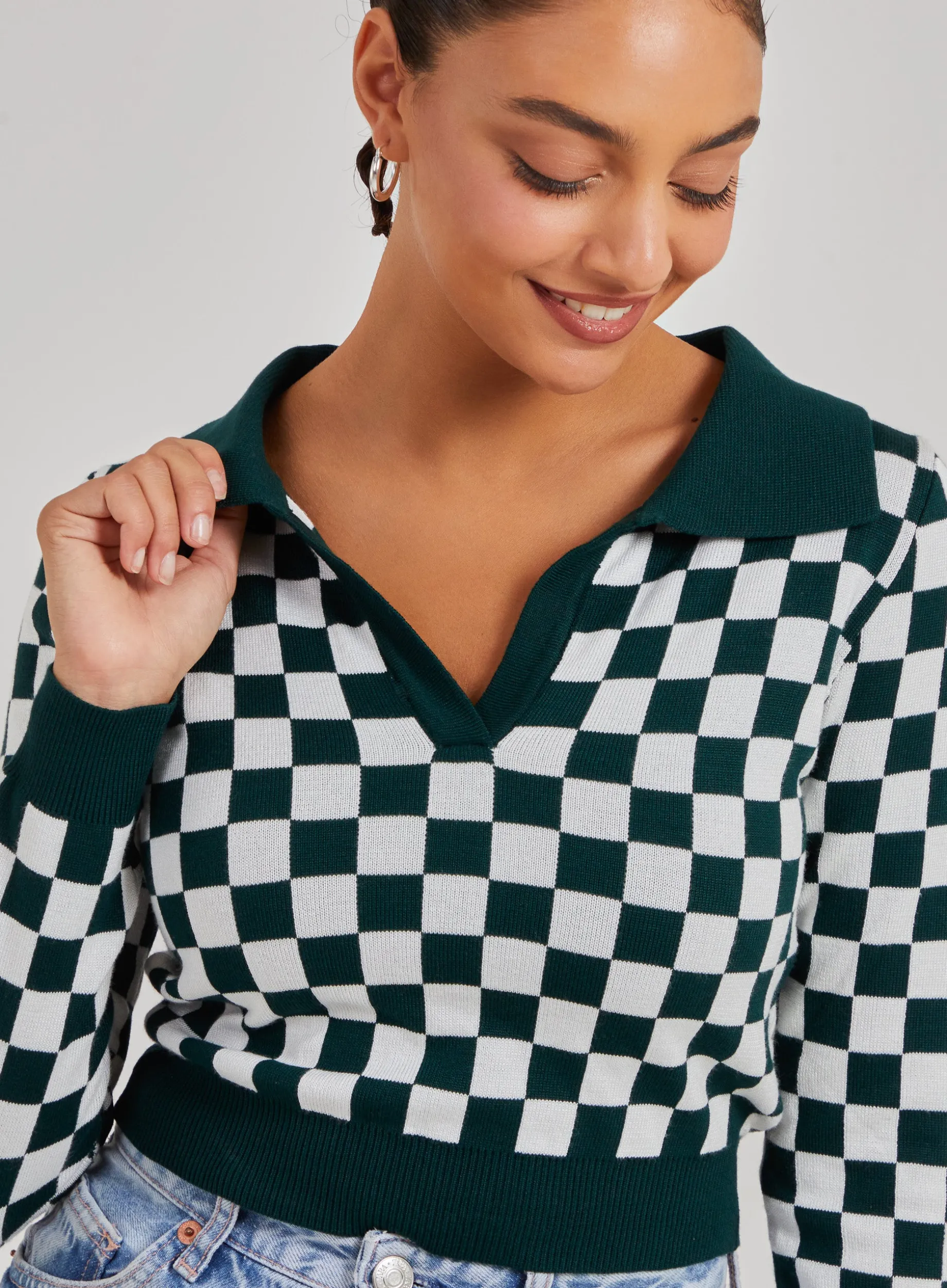 Notch Collar Checkered Top