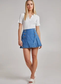 Pleated Button Detail Denim Skirt