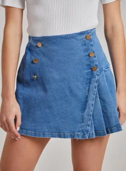 Pleated Button Detail Denim Skirt