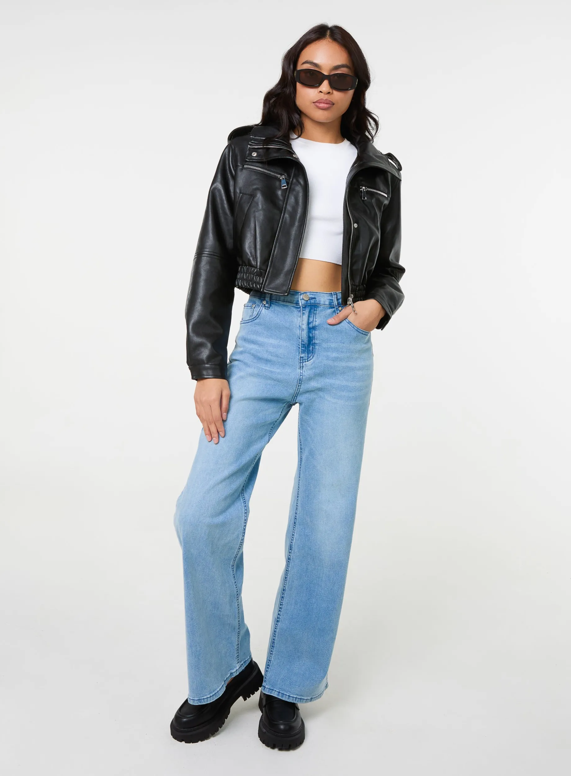 Pocket Detail PU Cropped Bomber Jacket